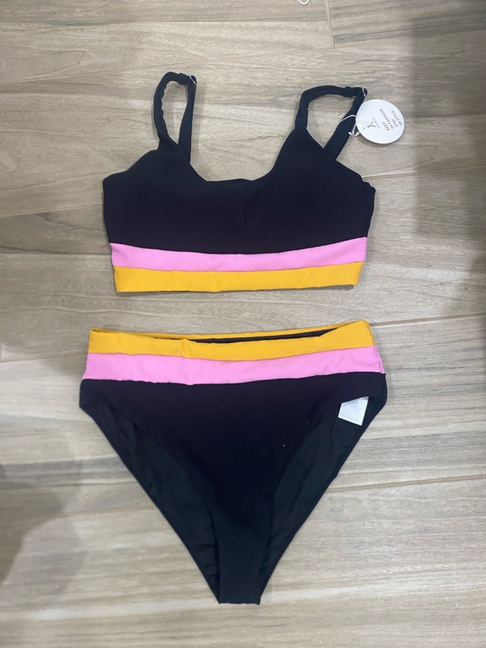 Black Two-Piece Bikini with Pink & Yellow Bands